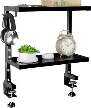 PUTORSEN 15 inch Clamp on Desk Shelf, 2 Tier Shelving Unit Above or Below Desk, Customizable Space Desk Storage Tray for Gaming Devices, Table Accessories and More, Black