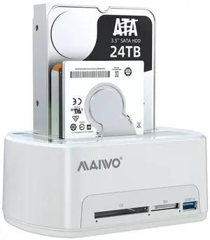 MAIWO Dual Bay Hard Drive Docking Station With Offline Clone For 2.5 3.5 Inch SATA HDD/SSD, Support Reading CF&SD Card, USB 3.0 5Gbps Drive Duplicator Cloner, 36TB Capacity