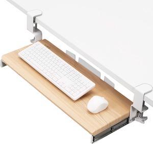 Large Clamp-on Computer Keyboard and Mouse Under Desk Mount Slider Tray, 27 (33 Including Clamps) x 11 inch Pull Out Platform Drawer, Light Wood Tray, White Frame, MOUNT-KB05A