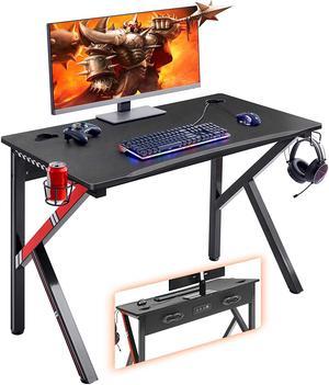 Gaming Desk 45.2" W x 23.6" D Home Office Computer Desk, Gamer Workstation with Socket of 3-Outlet & 2 USB Ports, Cup Holder, Headphone Hook and Cable Management (Red)