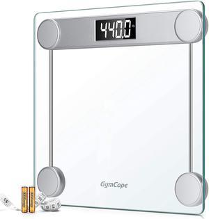 Digital Bathroom Scale for Body Weight (440lbs/200kg), High Precision Step On Scale with LCD Backlit, Large Tempered Glass Platform, Tape Measure and Batteries Included (Silver)