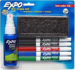 Expo Low Odor Dry Erase Marker Set with White Board Eraser and Cleaner | Fine Tip Dry Erase Markers | Assorted Colors, 7 Piece Set with Whiteboard Cleaner