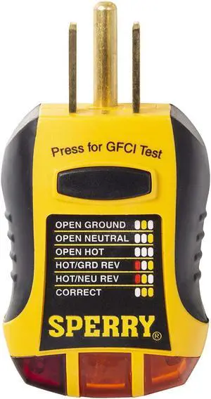 Sperry Instruments GFI6302 GFCI Outlet / Receptacle Tester, 7 Visual Indication / Wiring Legend, Yellow & Black