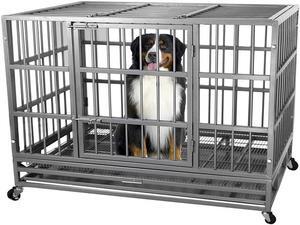 48'' Heavy Duty Metal Dog Cage Kennel Crate and Playpen for Training Large Dog Indoor Outdoor with Double Doors & Locks Design Included Lockable Wheels Removable Tray