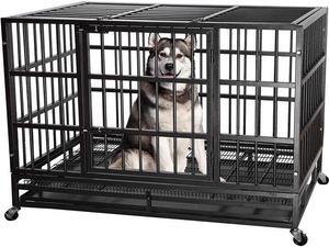 48'' Heavy Duty Metal Dog Cage Kennel Crate and Playpen for Training Large Dog Indoor Outdoor with Double Doors & Locks Design Included Lockable Wheels Removable Tray(42in 48in) (48 in, Black)