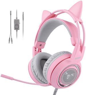 SOMIC Pink Stereo Gaming Headset with Mic for PS4, Xbox One, PC, Mobile Phone, 3.5MM Sound Detachable Cat Ear Headphones Lightweight Self-Adjusting Over Ear Headphones for Women