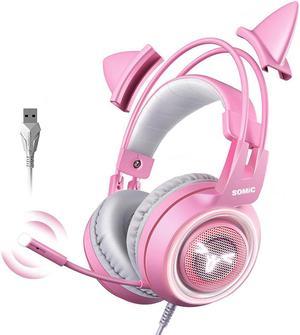 SOMIC Pink Stereo Gaming Headset with Mic for PS4, Xbox One, PC, Mobile Phone, 3.5MM Sound Detachable Cat Ear Headphones Lightweight Self-Adjusting Over Ear Headphones for Women