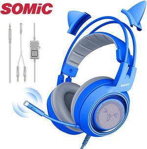 SOMIC blue Stereo Gaming Headset with Mic for PS4, Xbox One, PC, Mobile Phone, 3.5MM Sound Detachable Cat Ear Headphones Lightweight Self-Adjusting Over Ear Headphones for Women