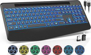 Wireless Keyboard with 7 Colored Backlits, Wrist Rest, Phone Holder, Rechargeable Ergonomic Computer Keyboard with Silent Keys, Full Size Lighted Keyboard for Windows, Mac, PC, Laptop (Black)