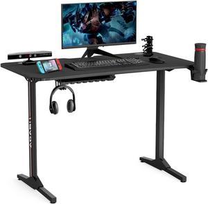 Gaming Desk 43.7 in Computer Desk Ergonomic Home Office Desk T-Shaped Racing Pro PC Gamer Desk with Full Cover Mousepad, Cup Holder and Headphone Hook, Black