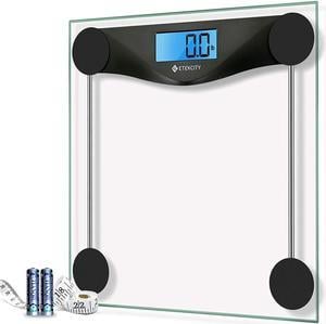 Digital Body Weight Bathroom Scale with Body Tape Measure, Large Blue LCD Backlight Display, High Precision Measurements, 6mm Tempered Glass, 400 Pounds, Black