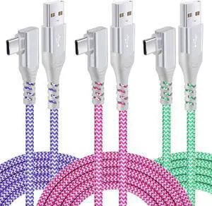 Pofesun 10ft USB C Charger Cable, 3-Pack Right Angle USB A to USB C Cable, Nylon Braided Type C Charger Fast Charging Cord Compatible for Samsung Galaxy S24 S23 Note 20,A71/A70/A52/A51,LG V50 V40 G8