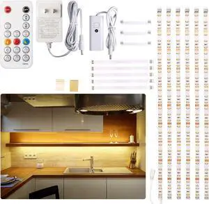 Under Cabinet LED Lighting kit 6 PCS LED Strip Lights with Remote Control Dimmer and Adapter Dimmable for Kitchen Cabinet Counter Shelf TV Back Showcase 2700K Warm White Bright 1500lm Timing