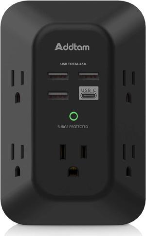 USB Wall Charger Surge Protector - Addtam 5 Outlet Extender with 4 USB Charging Ports (1 USB C), 3-Sided 1800J Power Strip Multi Plug Outlets Adapter Widely Spaced,Black