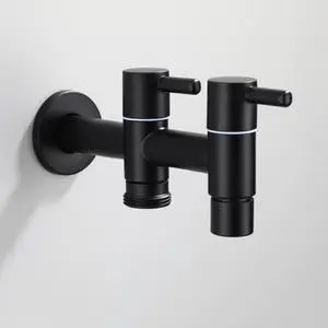 304 Stainless Steel Black Washing Machine Faucet 1in 2 out Double Bibcock Outdoor Garden Washing Machine Mop Tap