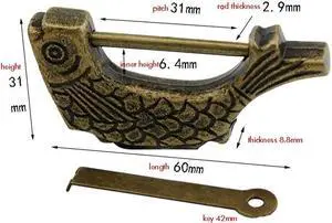 60 x 31mm Zinc Alloy Fish Shaped Vintage Antique Lock Old Chinese Lock Padlock for Jewelry Storage Box Wooden Suitcase Drawer