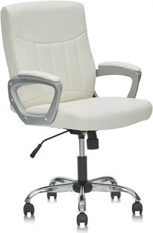 CLATINA Leather Office Executive Chair, Mid Back Computer Desk Chair with Lumbar Support and Padded Armrests, Ergonomic Adjustable Swivel Chair for Home, White