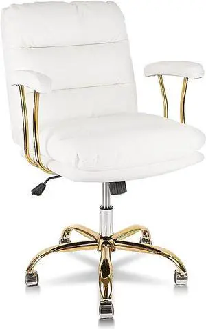 KLASIKA Ergonomic Office Desk Chair for Heavy People with Wheels and Arms, Faux Leather Computer Chair for Home Bedroom Office, White Chair Gold Caster