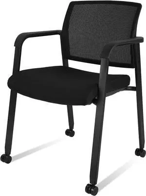 CLATINA Black Waiting Room Chair with Wheels Mesh Back Stacking Arm Chairs with Upholstered Fabric Seat and Ergonomic Lumber Support for Office School Church Guest Reception