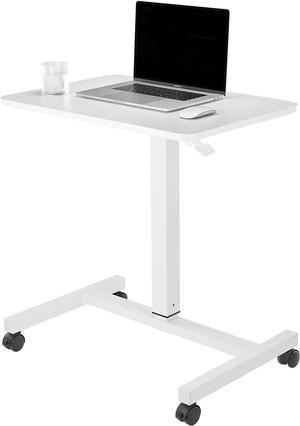 CLATINA Mobile Laptop Desk Pneumatic Sit to Stand Table Height Adjustable Rolling Cart with Lockable Wheels for Home Office Computer Workstation 28" x 19" White Round Edge Design Elegant
