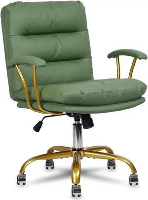 Ergonomic Office Desk Chair with Wheels and Arms, Faux Leather Computer Chair for Home Bedroom Office, Green Chair Gold Caster Capacity up to 300lb