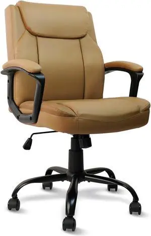CLATINA Brown Office Chair Computer Chair PU Leather Executive Office Chair Swivel Adjustable Height Chair with Upholstery Fixed armrest Mid-Back Leather Thick Cushion Office Chair Brown 1Pack