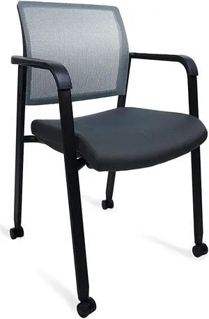 CLATINA Grey Waiting Room Chair with Wheels Mesh Back Stacking Arm Chairs with Upholstered Fabric Seat and Ergonomic Lumber Support for Office School Church Guest Reception