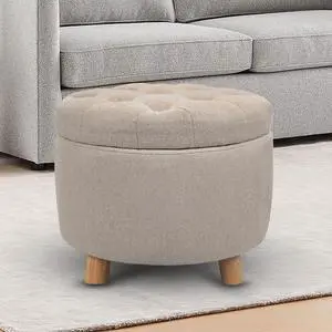CLATINA Modern Round Storage Ottoman, Button Tufted Pouf Ottoman Foot Stools with Padded Seat, Vanity Stool with Removable Lid Storage Footstool for Living Room, Bedroom, Makeup Room, Beige