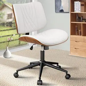 CLATINA Armless Home Office Chair, Desk Chair with Wheels, Adjustable Height Reading Chair, Leather Mid Back & Swivel Computer Chair, Modern Walnut Chairs with Back for Studio Meeting Room(White)
