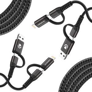 Volkano 2-Pack (4Ft + 6Ft) 4-in-1 Cables, 60W USB Type-C/Lightning Inputs, High-Speed Data Transfer & Fast Charging, Compatible with MacBook/iPad/iPhone/Laptop/Tablet [Black] Weave Series