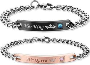 Stainless Steel Couples Bracelet For Two Boyfriend Girlfriend Wife Husband 'Her King His Queen' Engraving Bracelet Set For 2