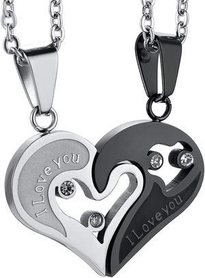 Stainless Steel 2 Piece Heart 'I love you' Engraving Set Of 2 Pair Couple Heart Pendant Necklace Boyfriend Girlfriend For Him and Her