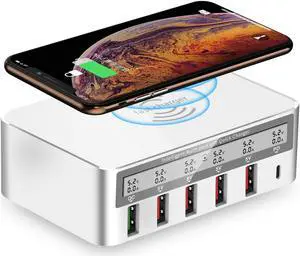 USB Fast Charger, Multi-Port 100W-6 Port USB Fast Charging Station,with Quick Charge 3.0 QC 3.0 and PD Speed Charger,with 10W Max Wireless Charging for iPhone Xs