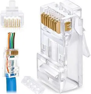 RJ45 Cat6/6a Pass Through Connectors for a Thick 23 AWG Large Diameter UTP Network Cable, 100 Pcs | Insert Guides Included RJ45 Cat6/6a Pass Through Connectors for a Thick 23 AWG Large Diameter UTP Network Cable, 100 Pcs | Insert Guides Included