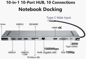 Baseus 10-in-1 USB-C Type-C Super HUB with 4K HDMI 1080p VGA 1000Mbps LAN SD TF PD 3 x USB3.0 Audio Dock, Notebook Docking Stand, Your Efficient Office Toolkit, 10 in 1 USB C HUB Docking for Laptop.