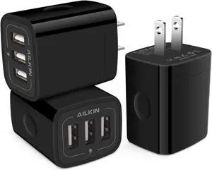 AILKIN 3 USB Wall Charger Triple Charger Adapter Fast Charging Block Home Charger Station Block Cube Plug for iPhone Samsung Galaxy LG Motorola Google Pixel Oneplus Base Box Cagardor para
