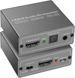 HDMI Audio Embedder Inserter Digital Analog + DVI to Support TOSLINK Optical 3.5mm Jack AUX Sound Input 4K60Hz 18Gbps HDR HDCP2.2