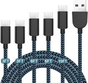 USB Type C Cable 5Pack (3/3/6/6/10FT) Nylon Braided USB-C to USB-A Fast Compatible Samsung Galaxy S9 S8 Note 9 Note 8 Plus,LG V30 G6 G5 V20,Google Pixel, Moto Z2(Blue)