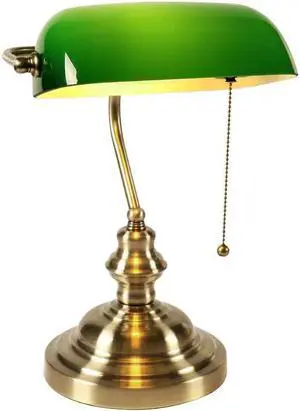 Newrays Glass Bankers Desk Lamp with Pull Chain Switch Plug in Fixture (Green)