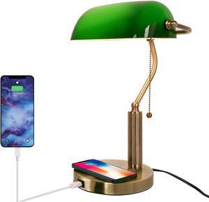 FIRVRE Glass Bankers Desk Lamp USB Wireless Charging Port LED Desk Lamp Classic Retro Pull Chain Switch Table lamp Reading Modern for Home Office nightstand Bedside Study Desk Library (Green)