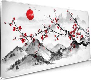Extended Large Gaming Mouse Pad 35.4 X 15.7 Inch XXL Full Desk Japanese Art Style Cherry Blossom Mousepad Non-Slip Rubber Base Big Keyboard Mat with Stitched Edges for Home Office