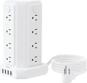 10 FT Extension Cord Power Strip Tower, 16 Widely Outlets 1875W 15A, Flat Plug Surge Protector with 4 USB Ports, Individual Switches, 1080 Joules, Overload Protection for Home Office Desktop, White 10 FT Extension Cord Power Strip Tower, 16 Widely Outlets 1875W 15A, Flat Plug Surge Protector with 4 USB Ports, Individual Switches, 1080 Joules, Overload Protection for Home Office Desktop, White
