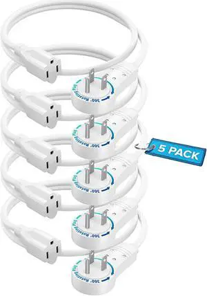 Extension Cord 1 Foot White Flat Plug, 360° Rotating Short Power Cord Single Outlet, Indoor 16 Gauge 3 Prong Grounded Wire UL Certified (1Ft White)