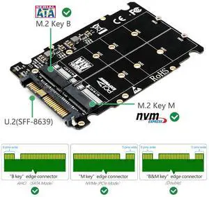 M.2 SSD to U.2 Adapter 2in1 M.2 NVMe and SATA-Bus NGFF SSD to PCI-e U.2 SFF-8639 Adapter PCIe M2 Converter for Desktop Computers