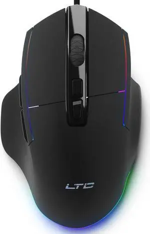 LTC GM-021 Wired Gaming Mouse, High-Precision 12800 DPI Optical Sensor, 7 Programmable Buttons, Customizable RGB, Ergonomic Shape with Thumb Rest, Software Support, Black