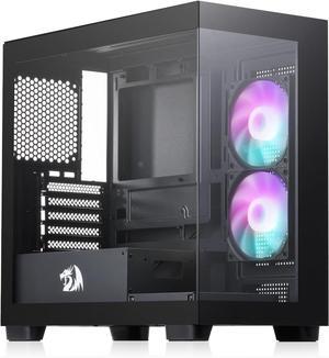 Redragon GC218M Gaming Back-Mounted PC Case, M-ATX Computer Chassis w/ 2 x 120mm Fans Pre-Installed & High Airflow Perforated Panels, 270° Full View, Easy Cable Management, Black