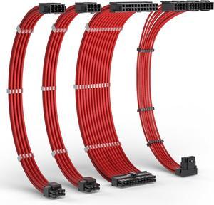 Redragon GCP07 Power Extension Cable Kit - 1x24 Pin, 1x90 Degree 16 Pin, 2x8Pin Sleeved Cable for ATX Power Supply, 30CM Length with Cable Combs, Red