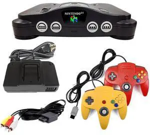 Nintendo 64 (N64) Game System with 2 Retrofam Controllers  Yellow & Red