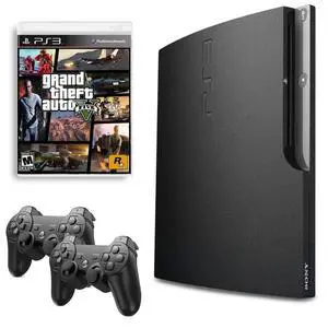 Sony PlayStation 3 (PS3) Console Slim 120GB Black with GTA V and 2 Retrofam Controllers