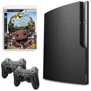 Sony Playstation 3 PS3 Console Slim 160GB Black with Little Big Planet and 2 Retrofam Controllers